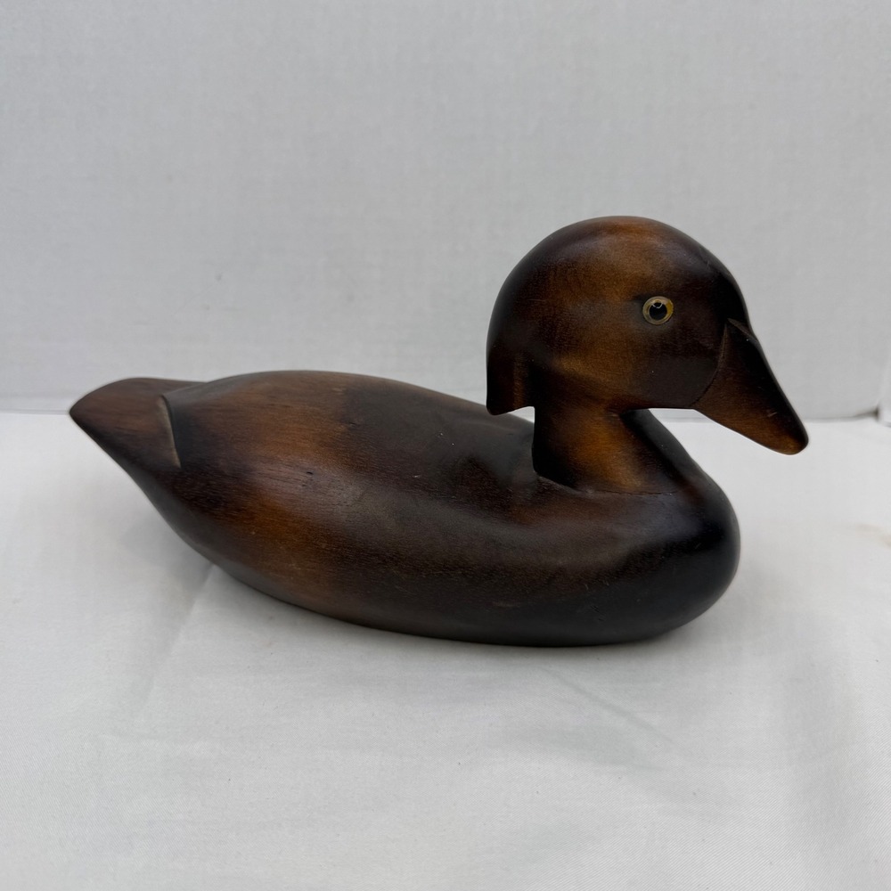 Vintage Hand Carved Wooden Duck Decoy Figurine Dark Brown Glass Eyes 9.5 Inch